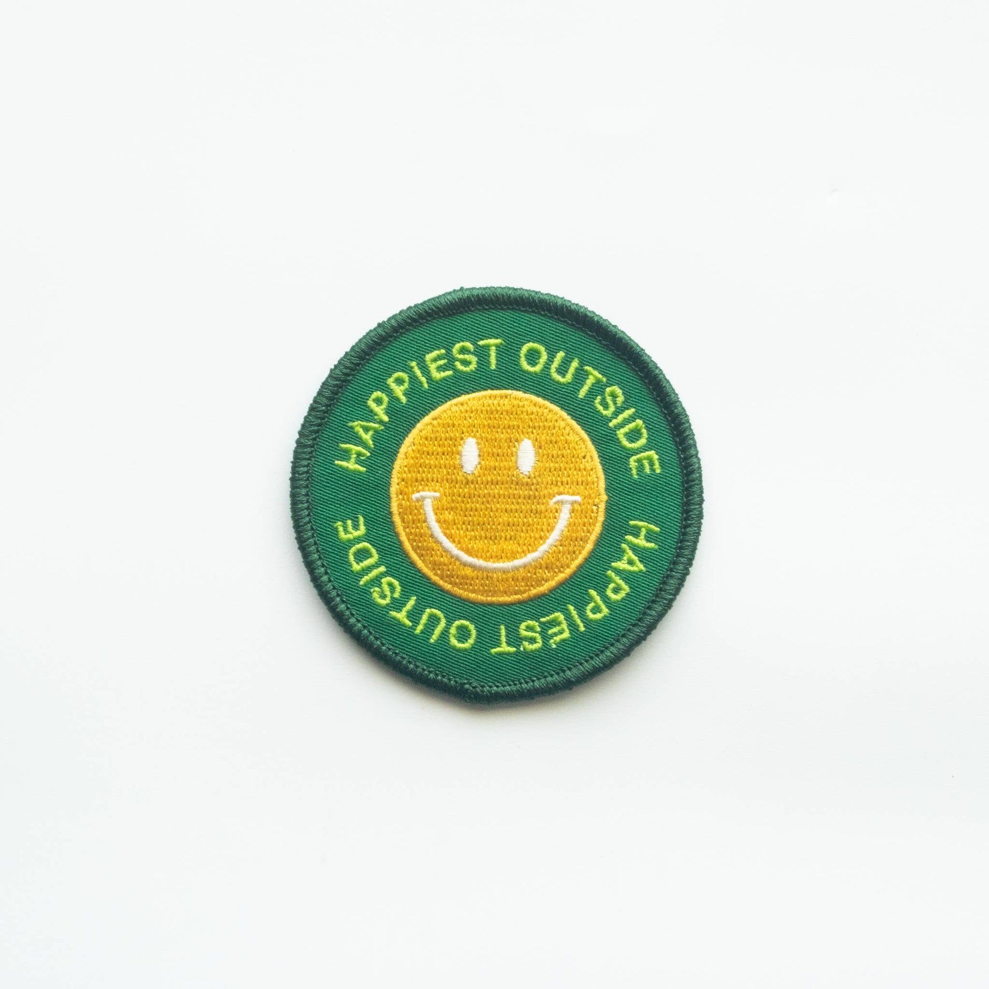 "Happiest Outside" Embroidered Iron On Smiley Face Patch - Wander Together Outfitters
