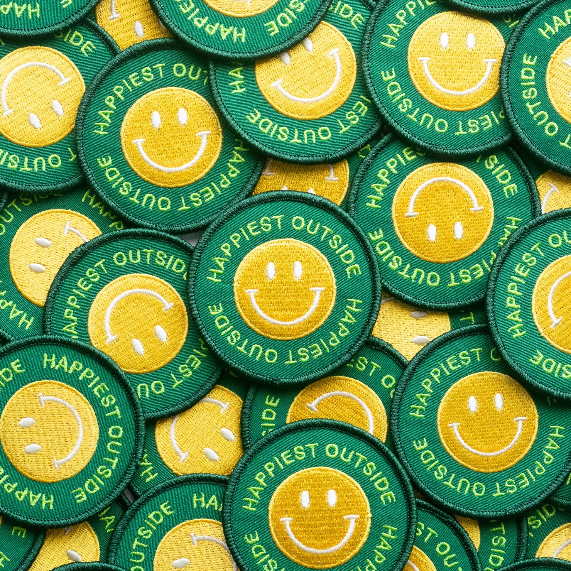 "Happiest Outside" Embroidered Iron On Smiley Face Patch - Wander Together Outfitters
