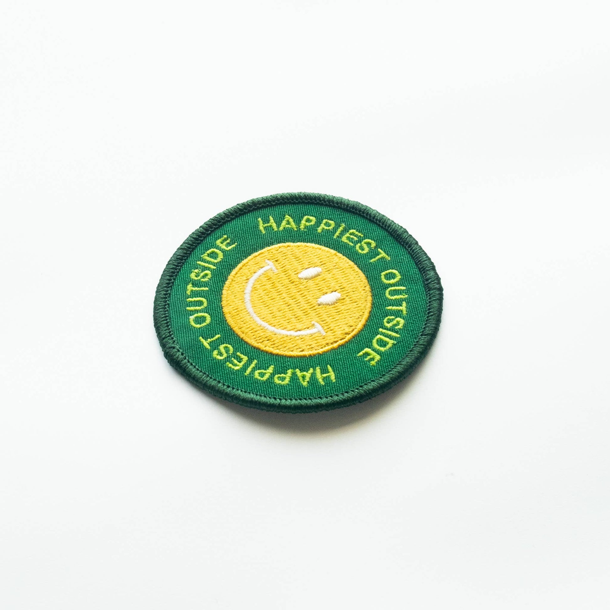 "Happiest Outside" Embroidered Iron On Smiley Face Patch - Wander Together Outfitters