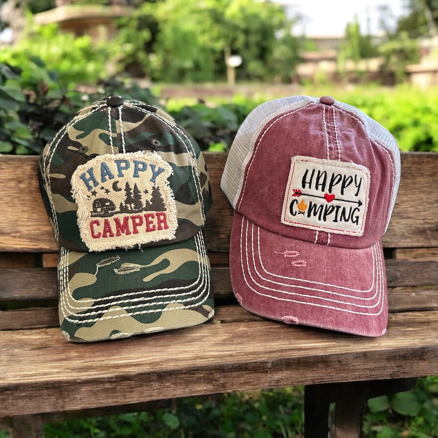 "Happy Camper" Camo Distressed Cap (SALE) - Wander Together Outfitters