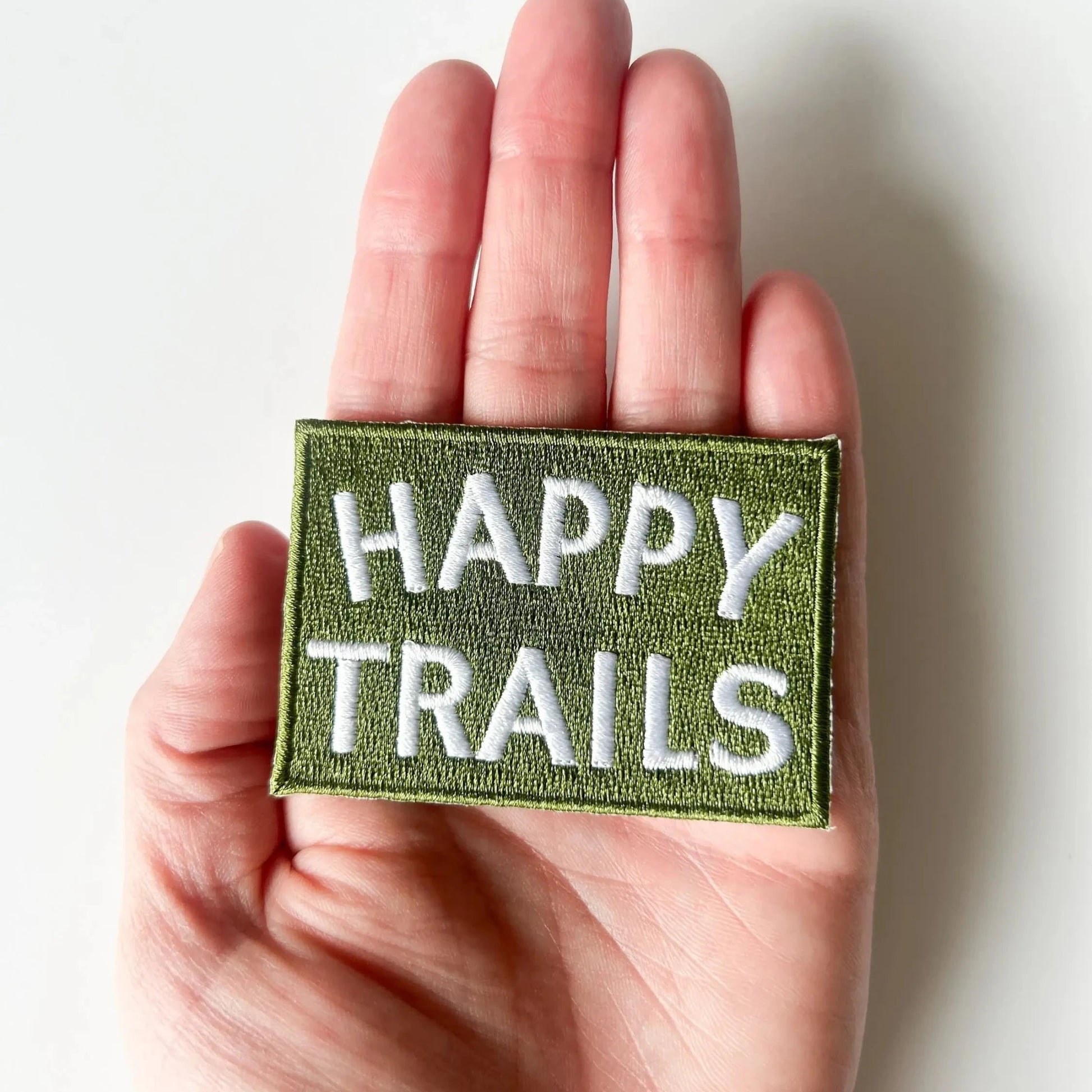"Happy Trails" Embroidered Iron - On Patch ( Green and White or Navy and White) - Wander Together Outfitters