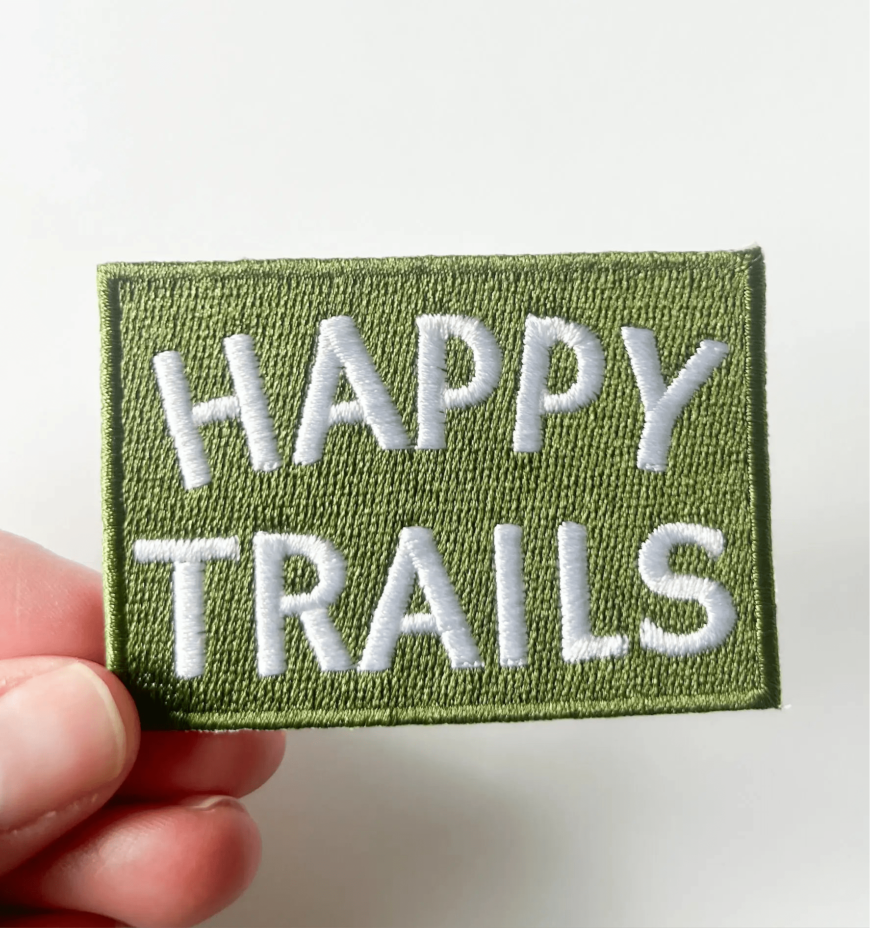 "Happy Trails" Embroidered Iron - On Patch ( Green and White or Navy and White) - Wander Together Outfitters