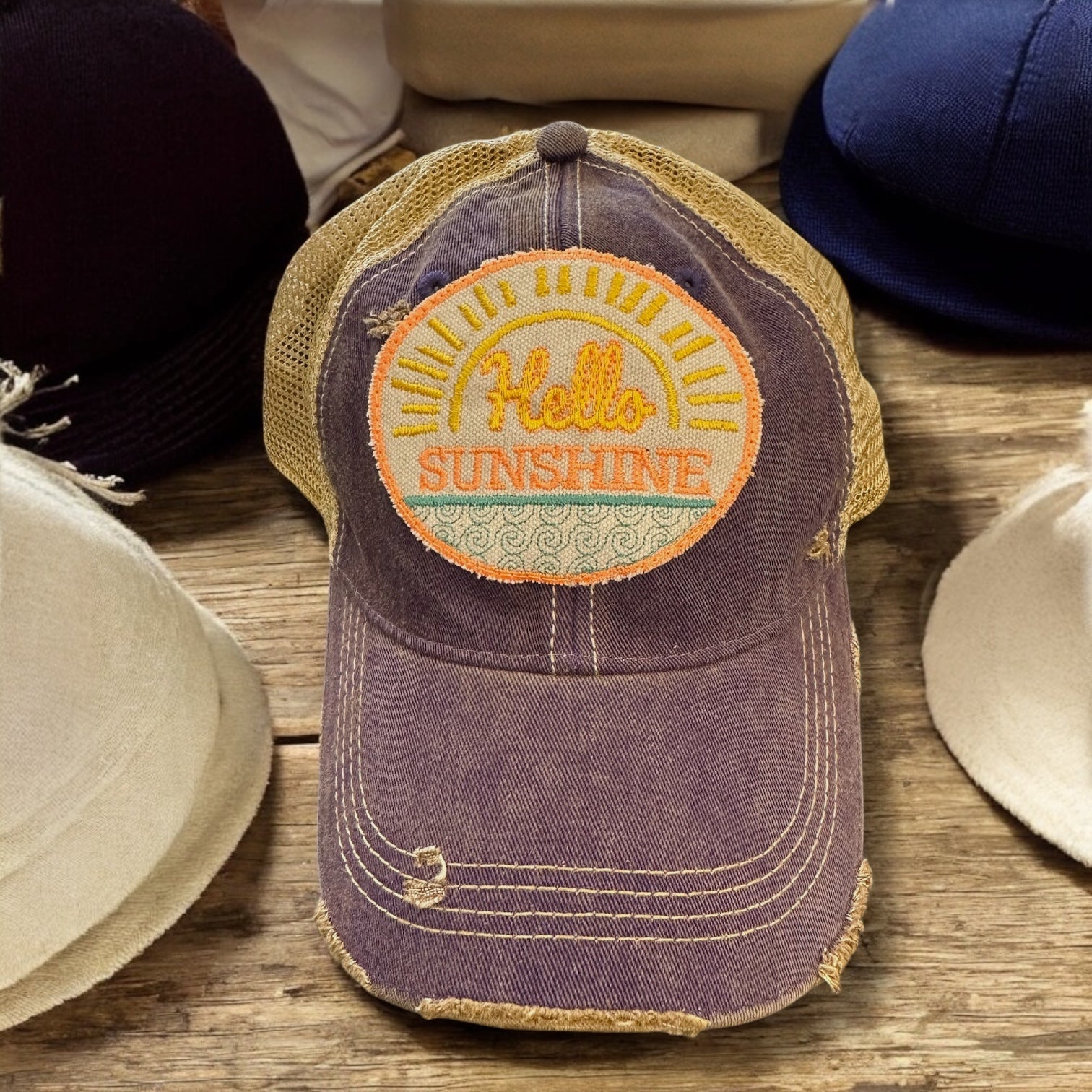 “Hello Sunshine” Distressed Trucker Hat (SALE) - Wander Together Outfitters