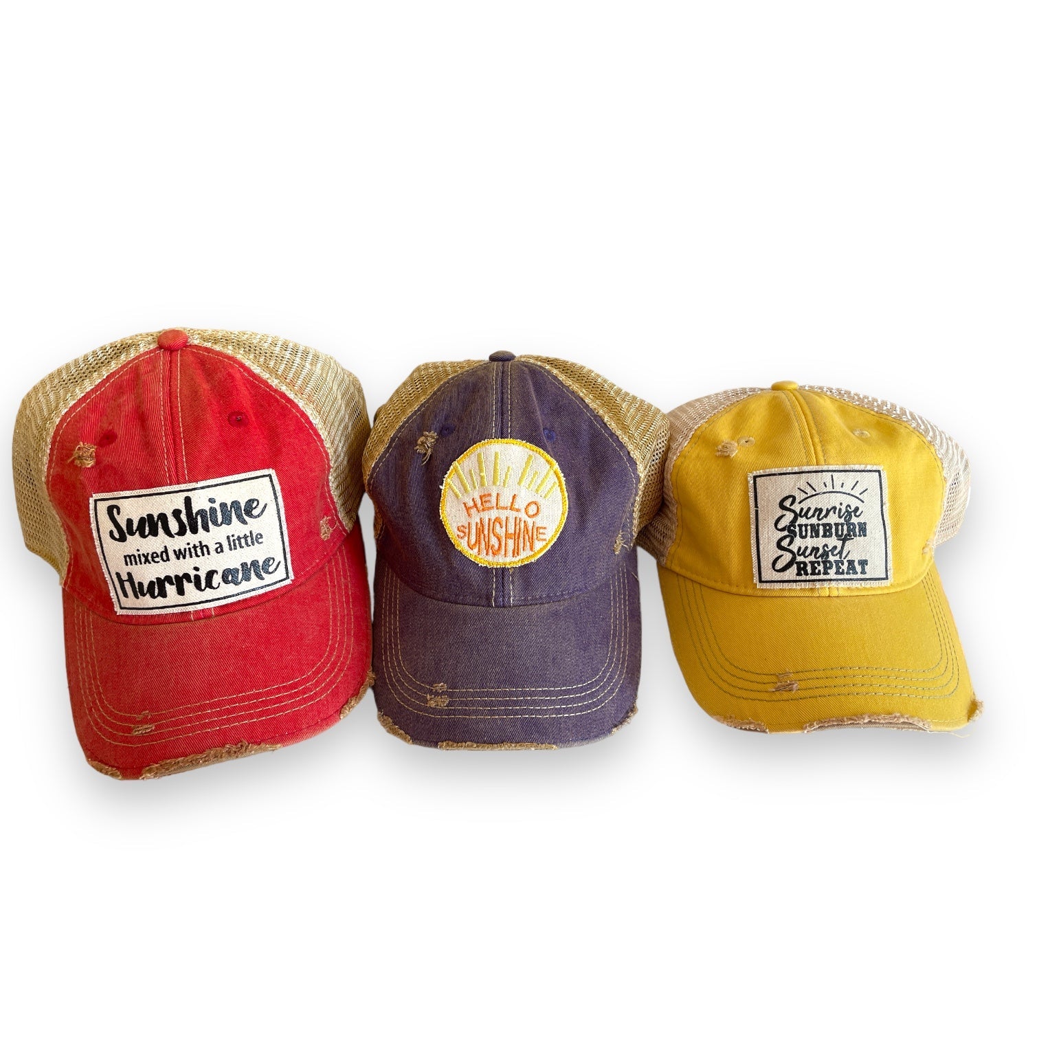 “Hello Sunshine” Distressed Trucker Hat (SALE) - Wander Together Outfitters