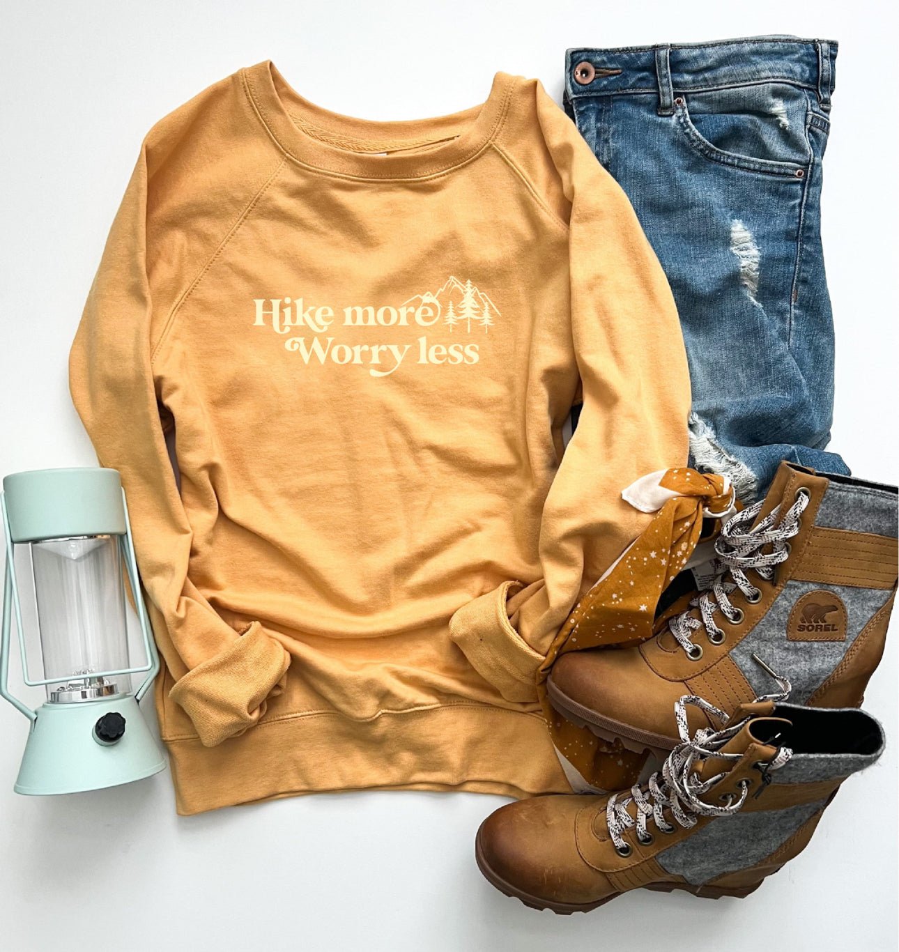 “Hike More Worry Less” French Terry Sweatshirt (Pre - Order) - Wander Together Outfitters