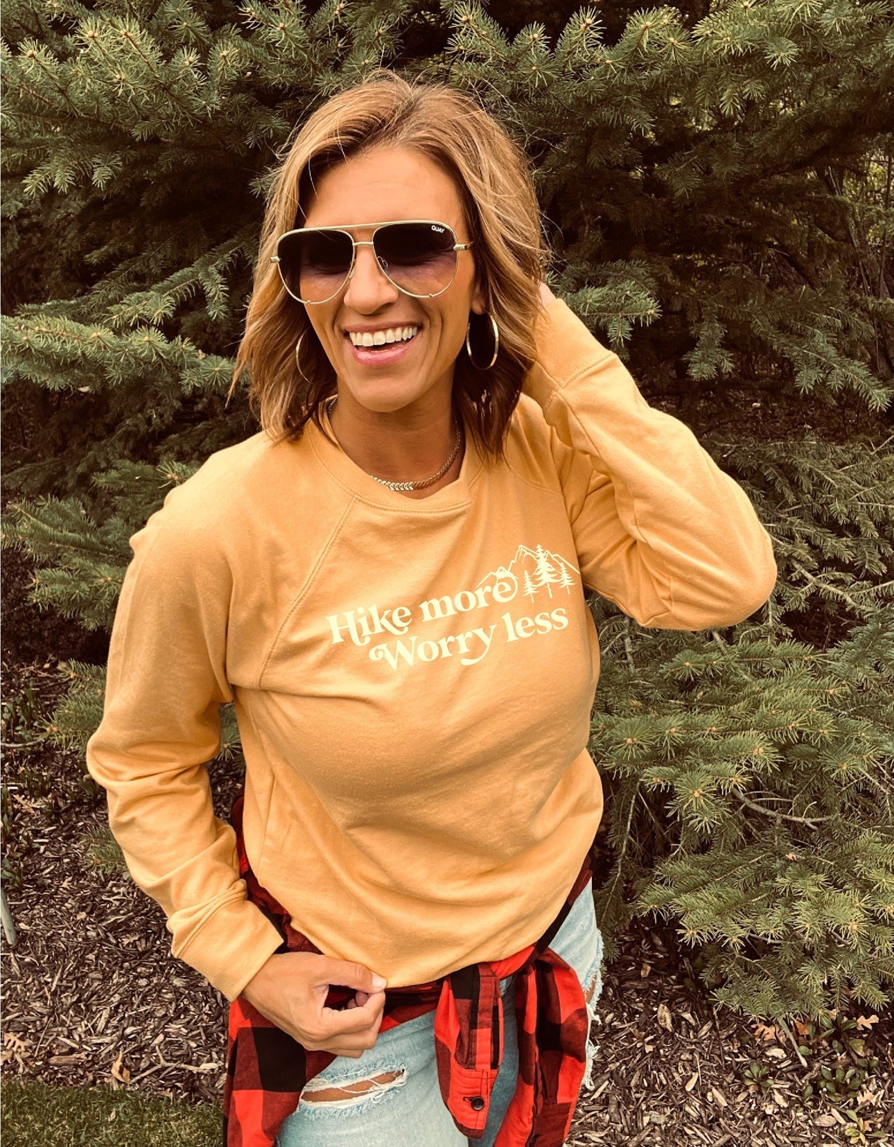 “Hike More Worry Less” French Terry Sweatshirt (Pre - Order) - Wander Together Outfitters