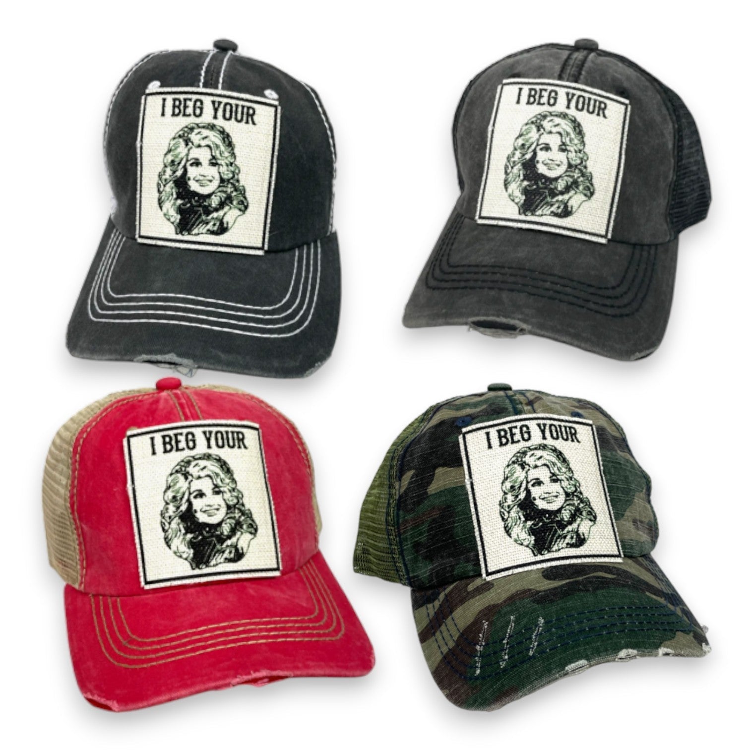 "I Beg Your (Parton)" Dolly Distressed Trucker Caps - Wander Together Outfitters