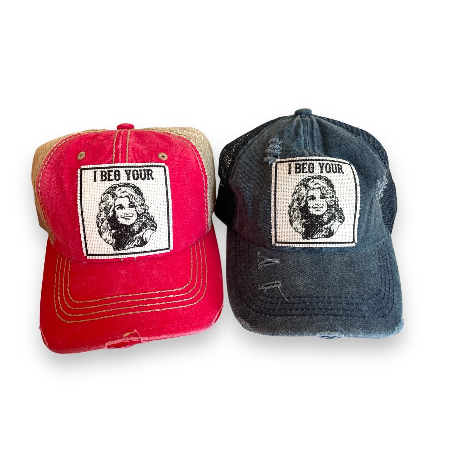"I Beg Your (Parton)" Dolly Distressed Trucker Caps - Wander Together Outfitters