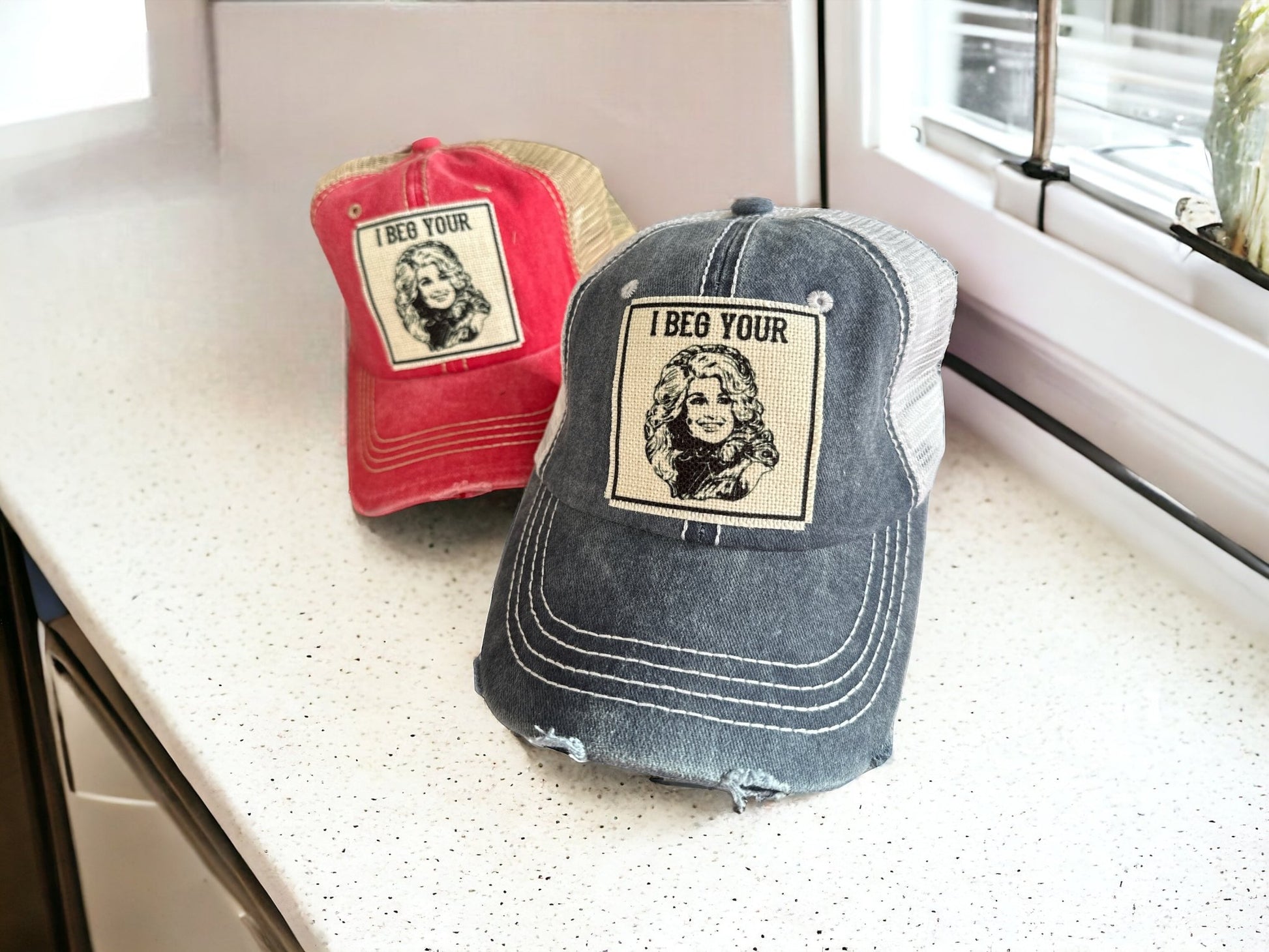 "I Beg Your (Parton)" Dolly Distressed Trucker Caps - Wander Together Outfitters
