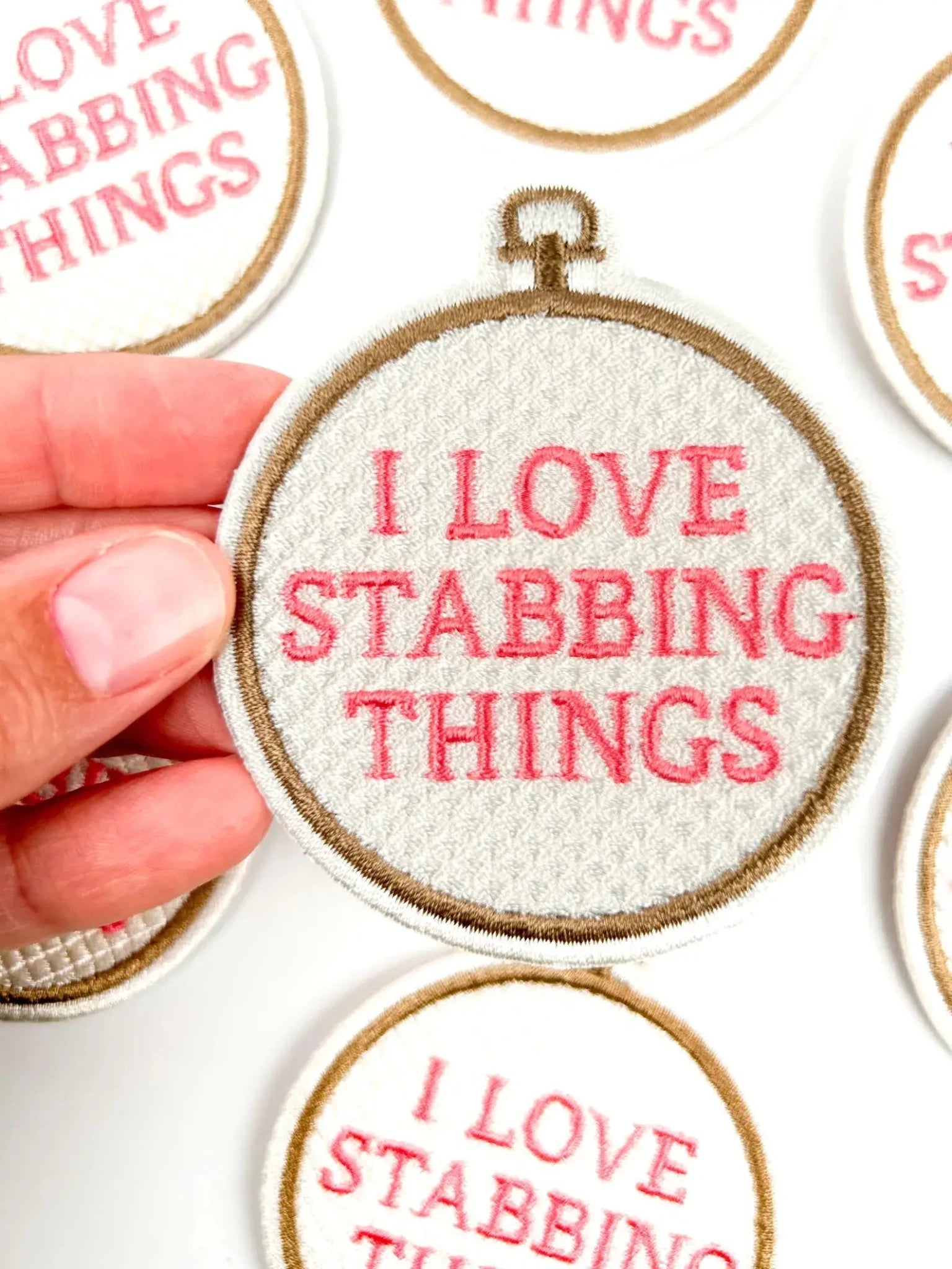 "I Love Stabbing Things" Needlepoint Embroidered Iron On Patch - Wander Together Outfitters