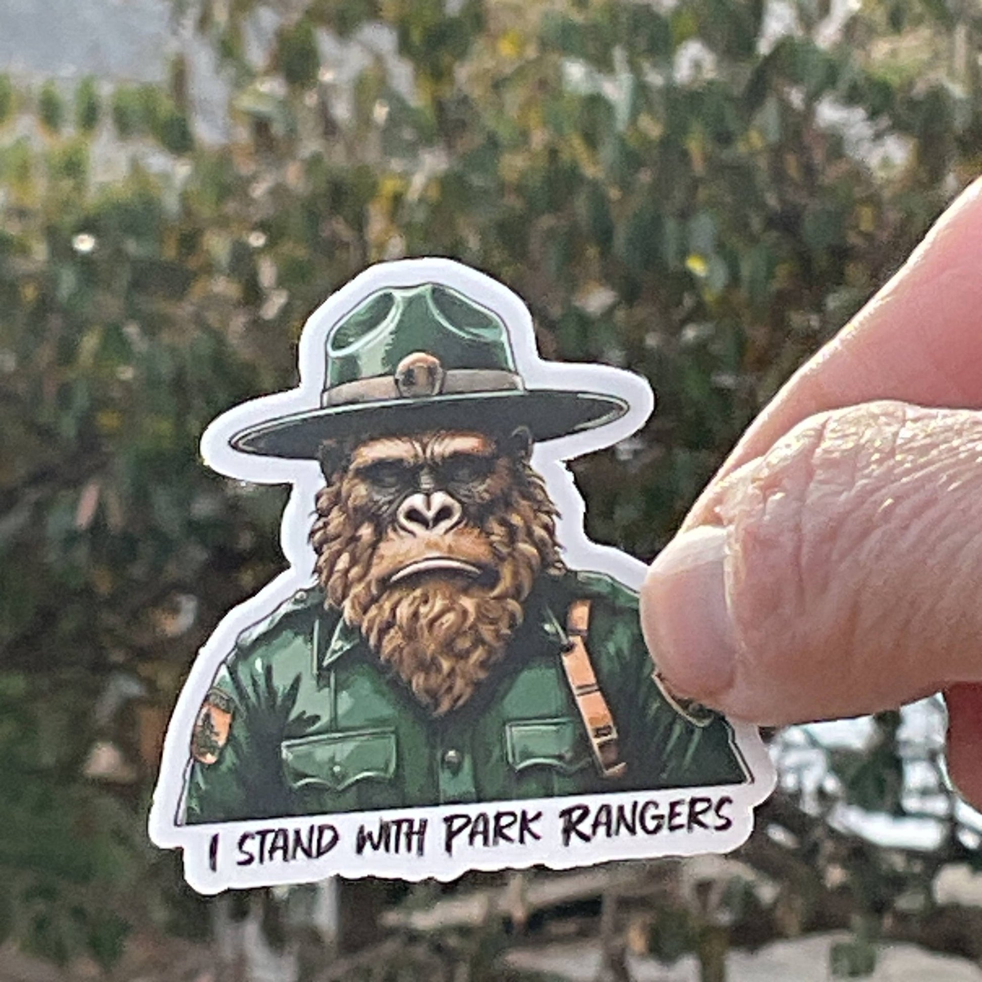 "I Stand with Park Rangers", Vinyl 3" or 2” Sticker, Sad Sasquatch Bigfoot - Wander Together Outfitters