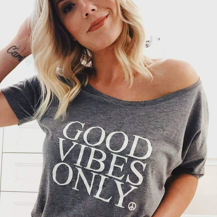 GOOD VIBES ONLY, Gray Off Shoulder, Good Vibes Only Tee, Good Vibes Shirt, Good Vibes Only Top, Good Vibes Tshirt