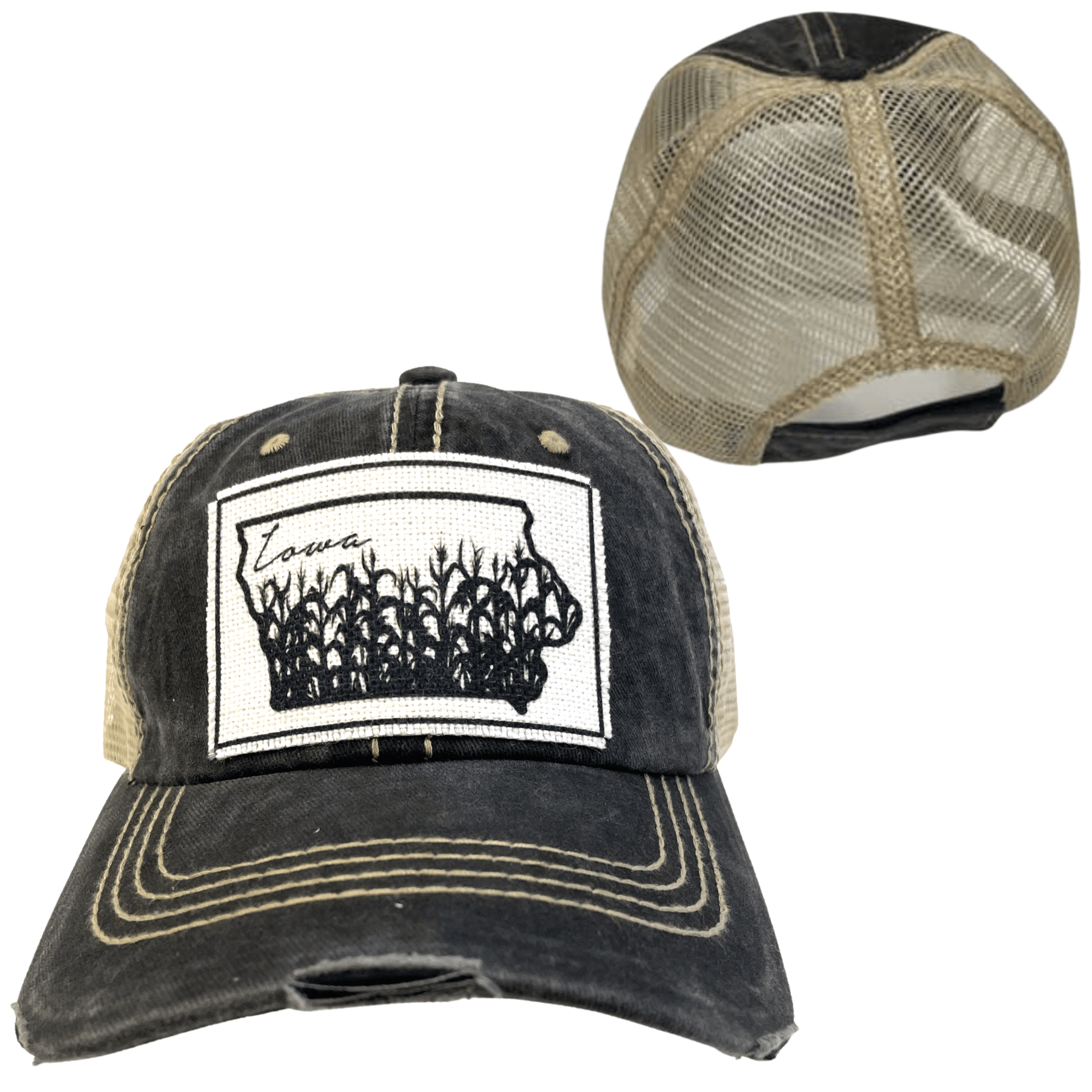 “Iowa” Cornfields Distressed Trucker Cap: Various Styles - Wander Together Outfitters