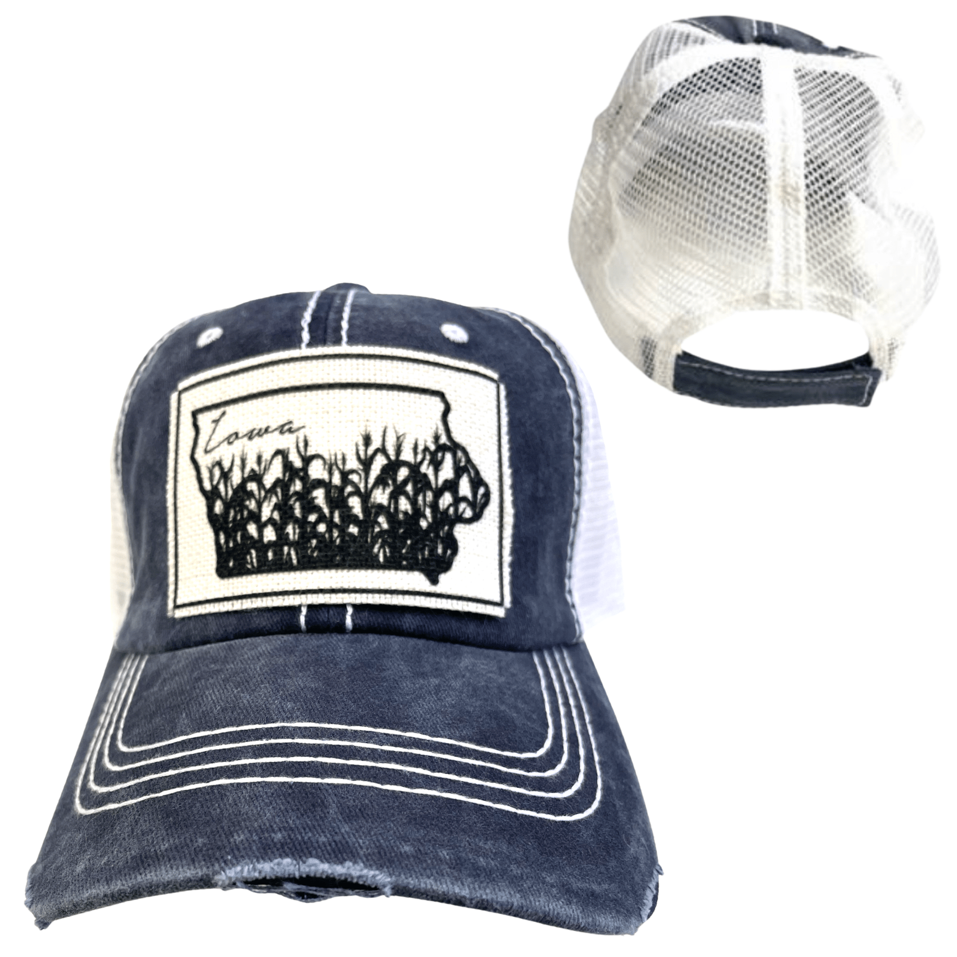 “Iowa” Cornfields Distressed Trucker Cap: Various Styles - Wander Together Outfitters