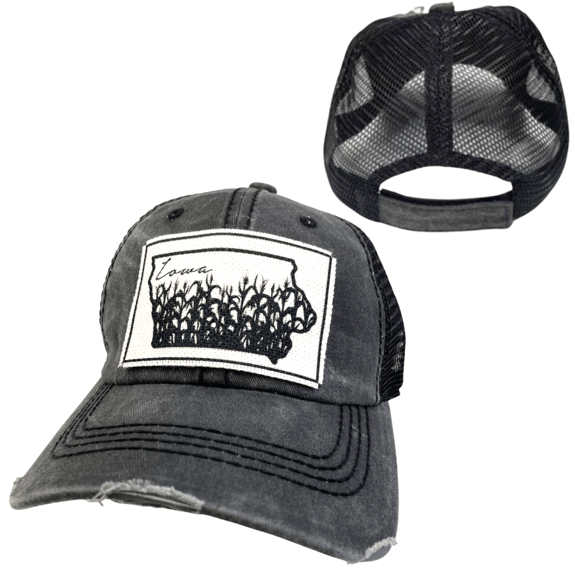 “Iowa” Cornfields Distressed Trucker Cap: Various Styles - Wander Together Outfitters