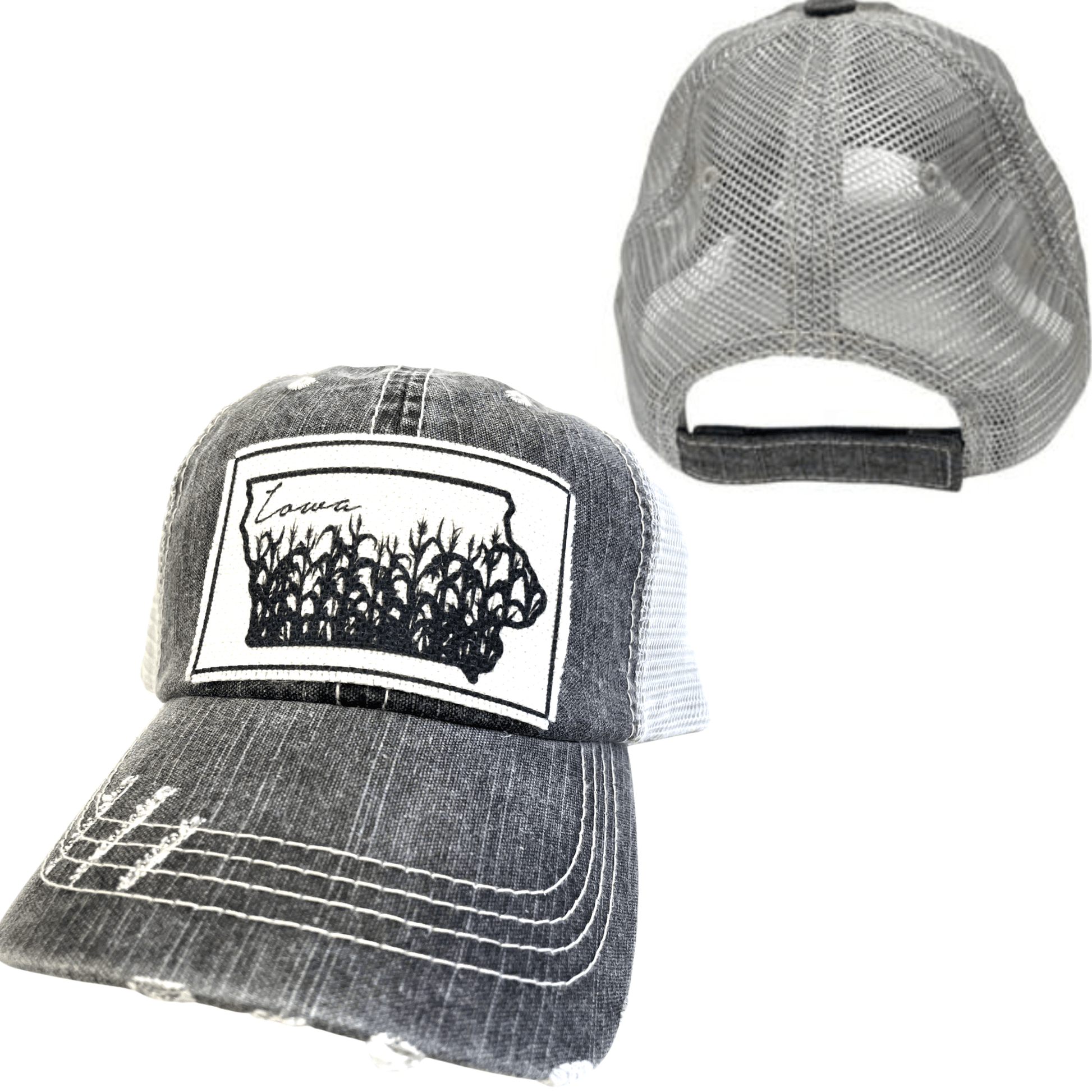 “Iowa” Cornfields Distressed Trucker Cap: Various Styles - Wander Together Outfitters