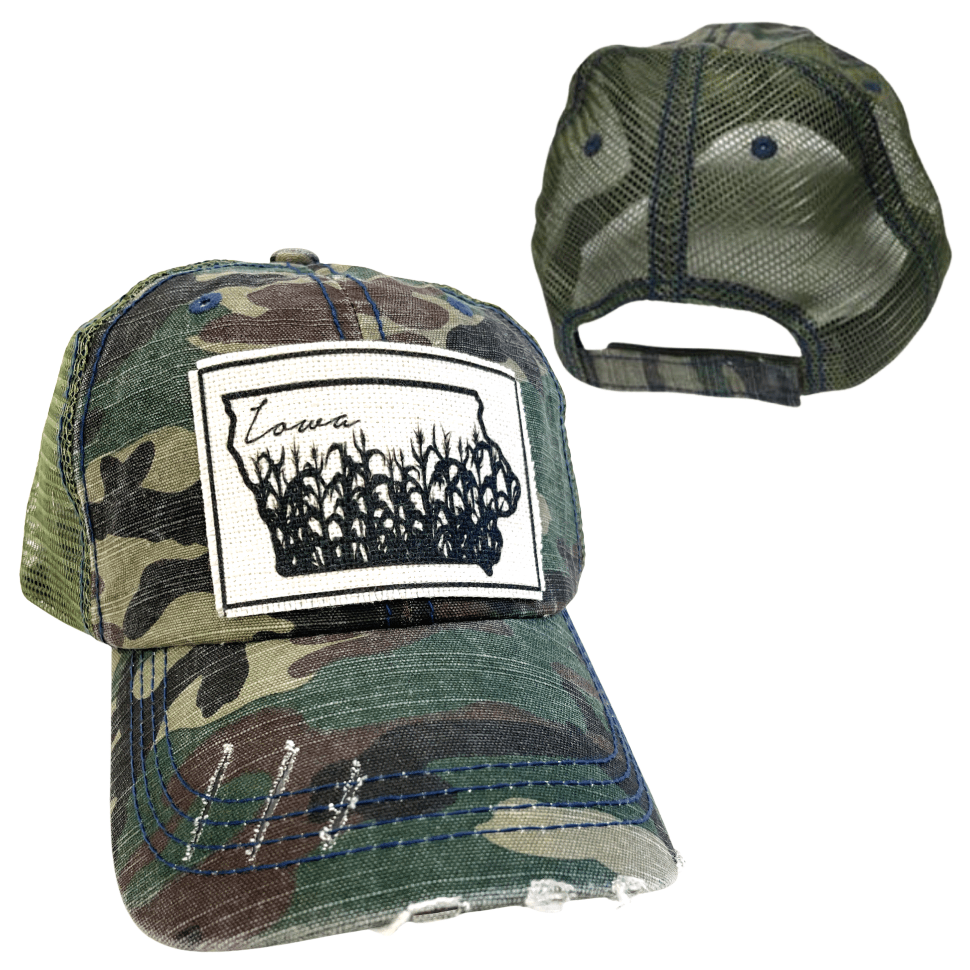 “Iowa” Cornfields Distressed Trucker Cap: Various Styles - Wander Together Outfitters