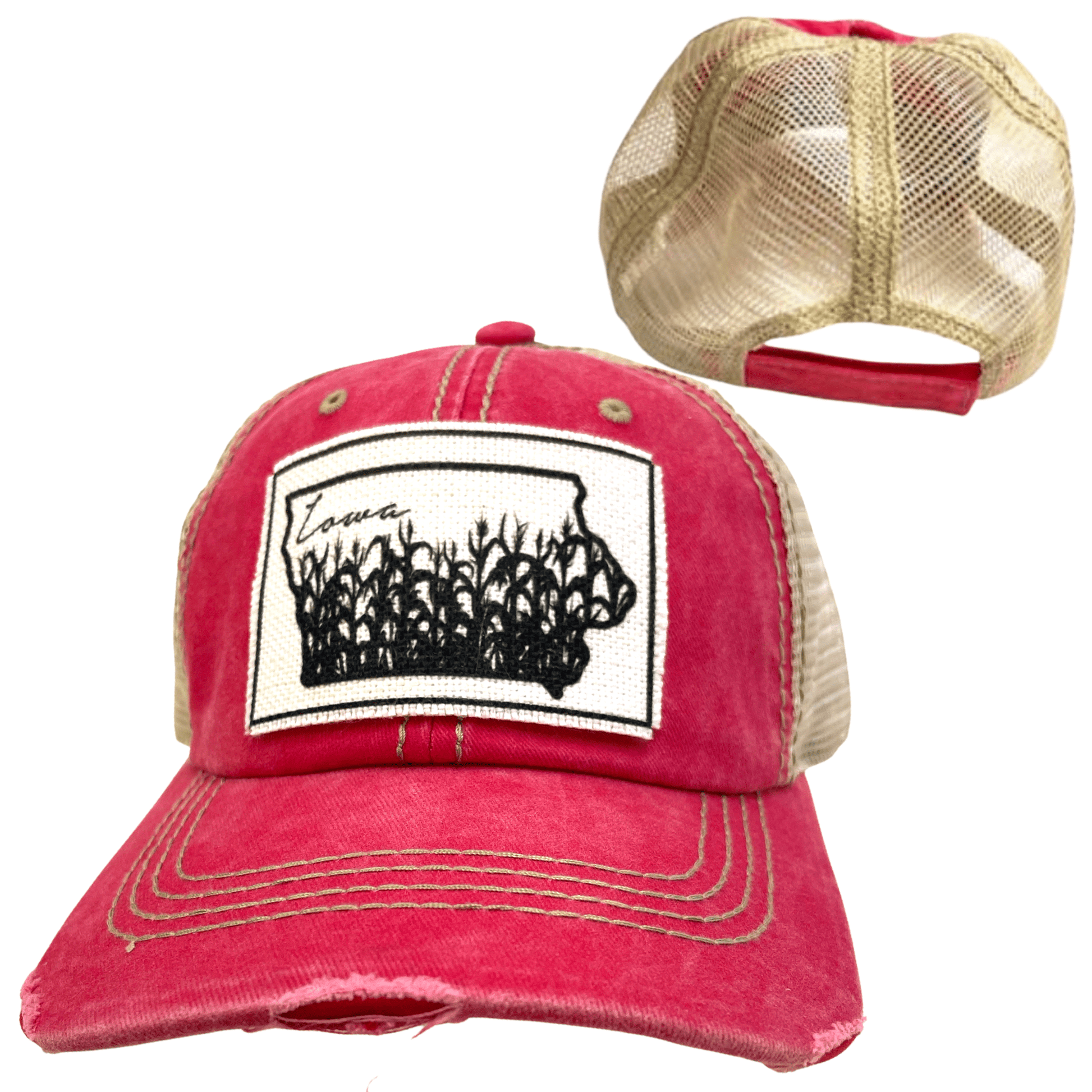 “Iowa” Cornfields Distressed Trucker Cap: Various Styles - Wander Together Outfitters