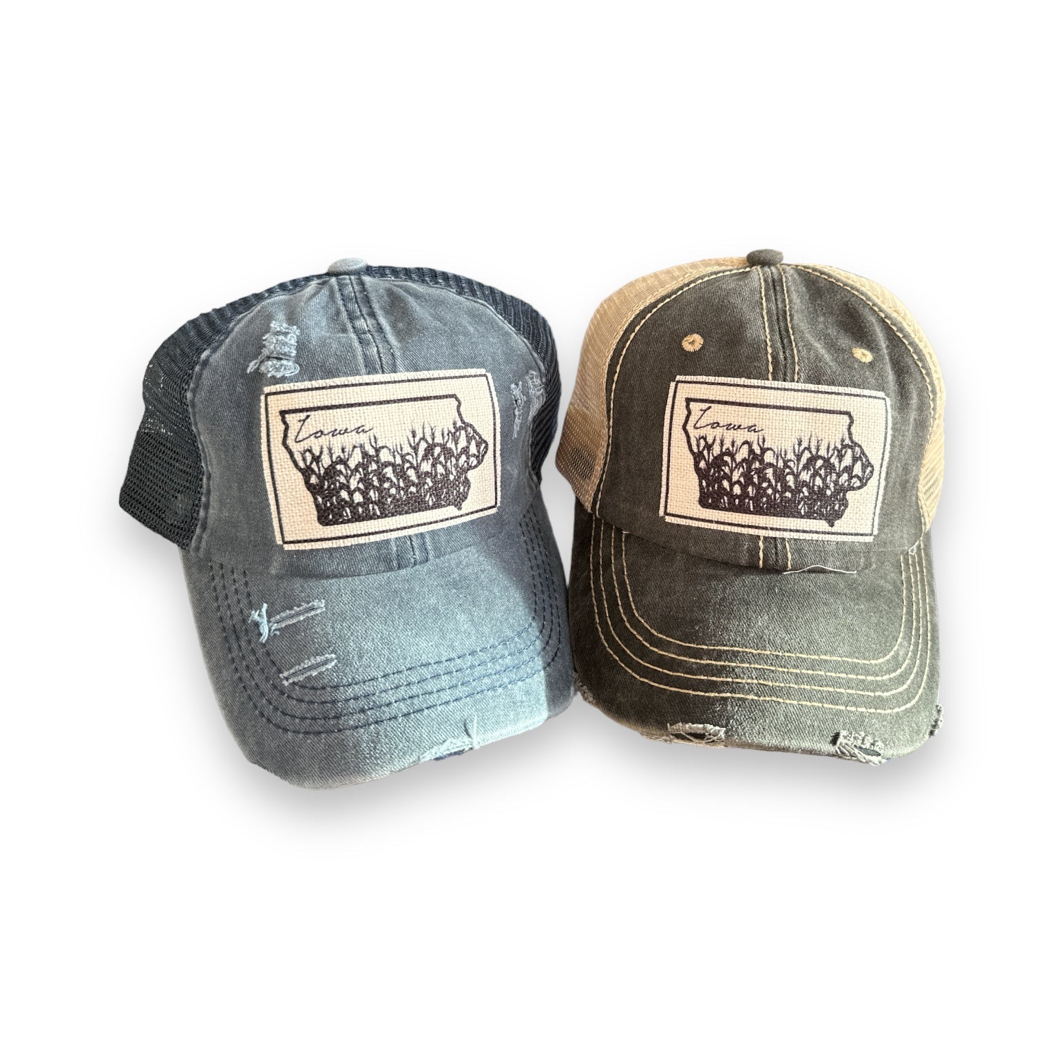 “Iowa” Cornfields Distressed Trucker Cap: Various Styles - Wander Together Outfitters