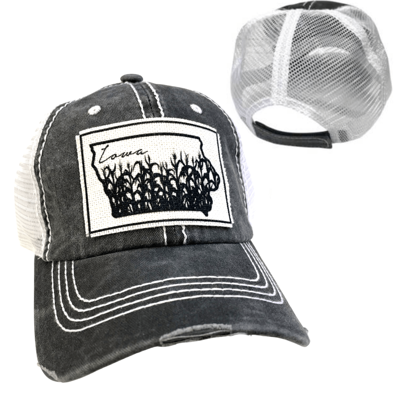 “Iowa” Cornfields Distressed Trucker Cap: Various Styles - Wander Together Outfitters