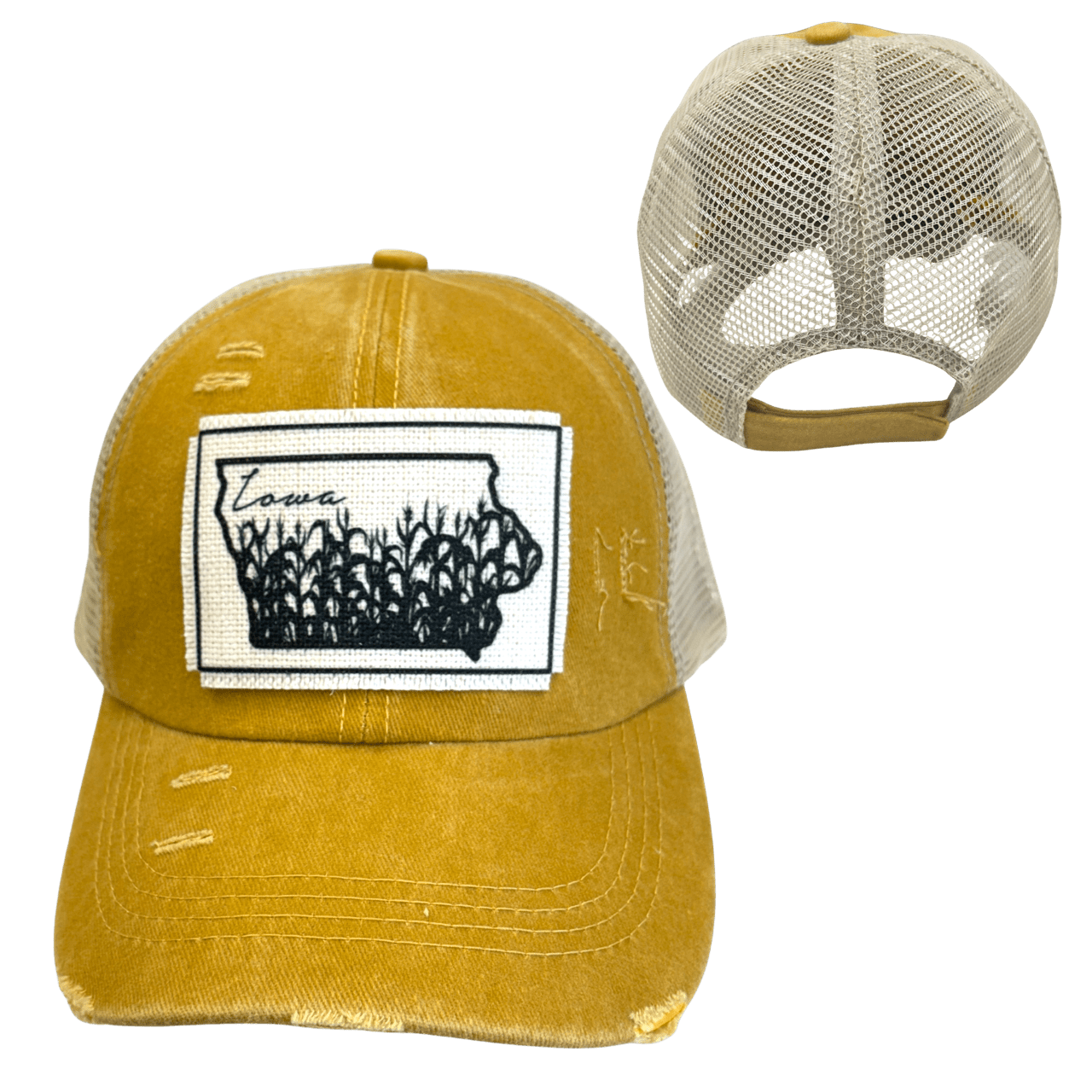 “Iowa” Cornfields Distressed Trucker Cap: Various Styles - Wander Together Outfitters