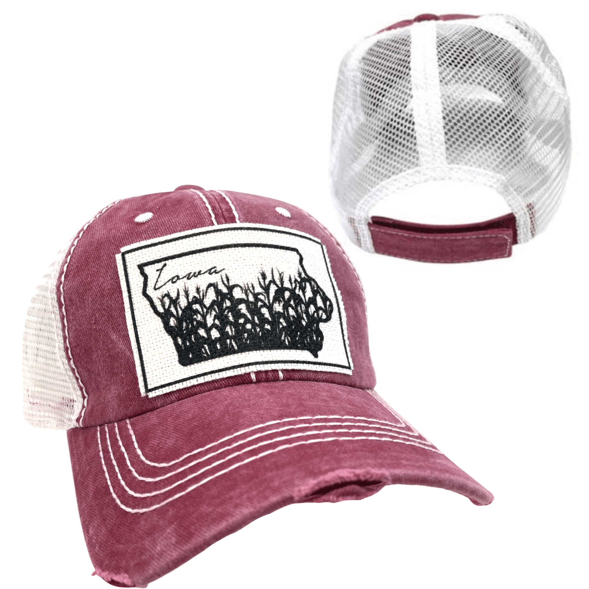 “Iowa” Cornfields Distressed Trucker Cap: Various Styles - Wander Together Outfitters