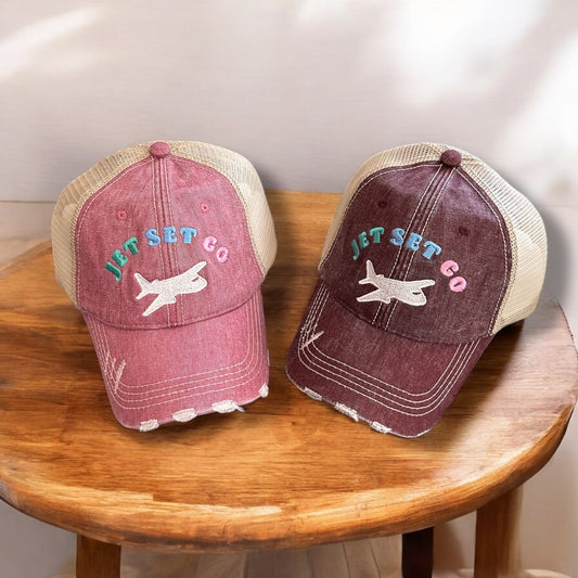 “Jet Set Go” Distressed Cap - Travel Theme (SALE) - Wander Together Outfitters