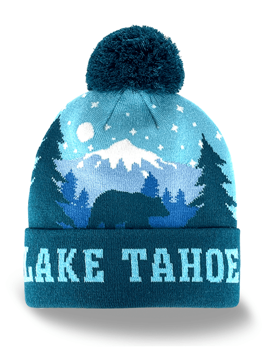 Lake Tahoe Bear Night Scenic Knit Beanie with Pom Pom Outdoor Adventure Hat - Wander Together Outfitters
