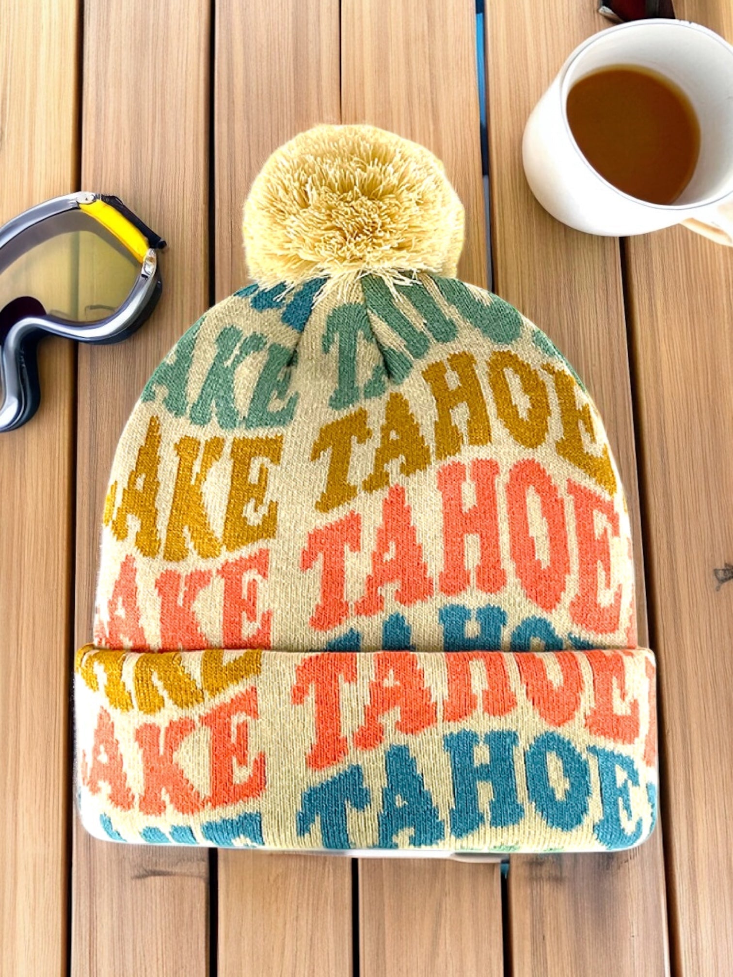 Lake Tahoe Retro Letter Knit Beanie with Pom Pom Winter Travel Souvenir Hat - Wander Together Outfitters