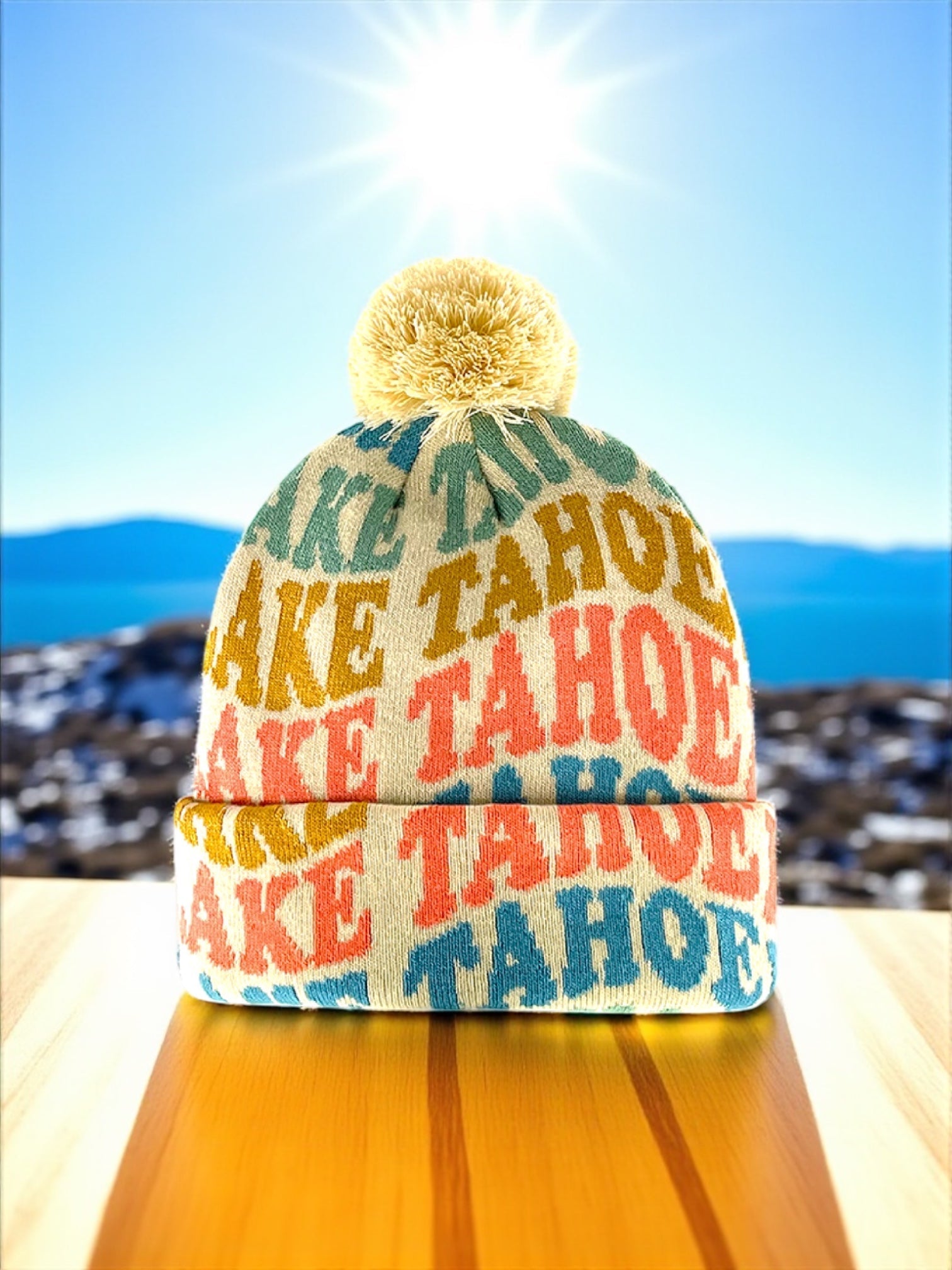 Lake Tahoe Retro Letter Knit Beanie with Pom Pom Winter Travel Souvenir Hat - Wander Together Outfitters