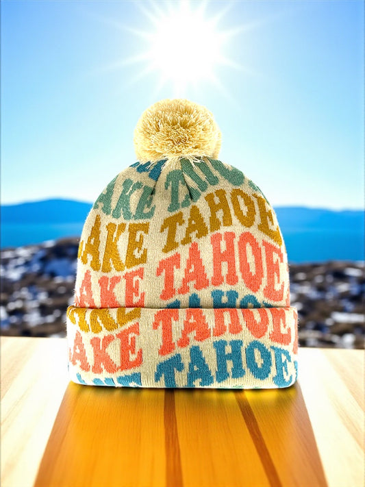 Lake Tahoe Retro Letter Knit Beanie with Pom Pom Winter Travel Souvenir Hat - Wander Together Outfitters