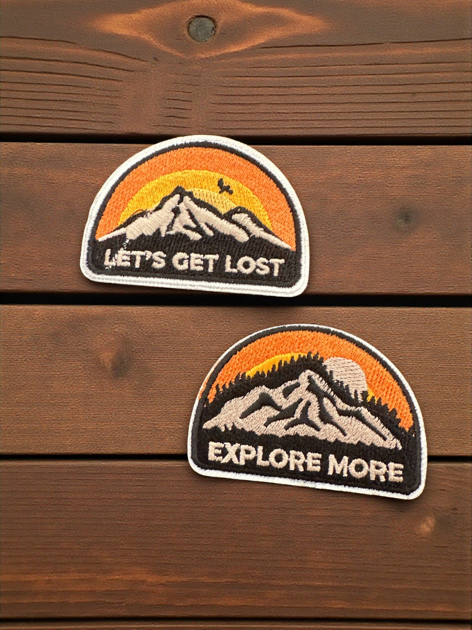 “Let’s Get Lost” and “Explore More” Mountain Iron On Patches - Wander Together Outfitters
