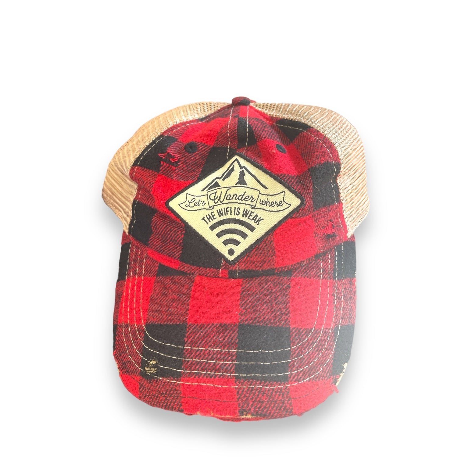 "Let's Wander Where The WiFi Is Weak" Buffalo Plaid Distressed Cap - Wander Together Outfitters
