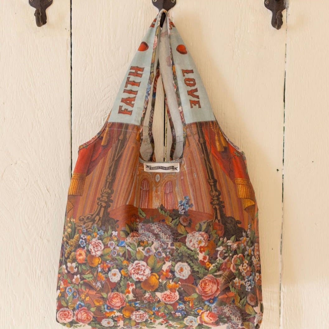 Love Language Heart and Floral Print Linen Foldable Tote Bag - Wander Together Outfitters
