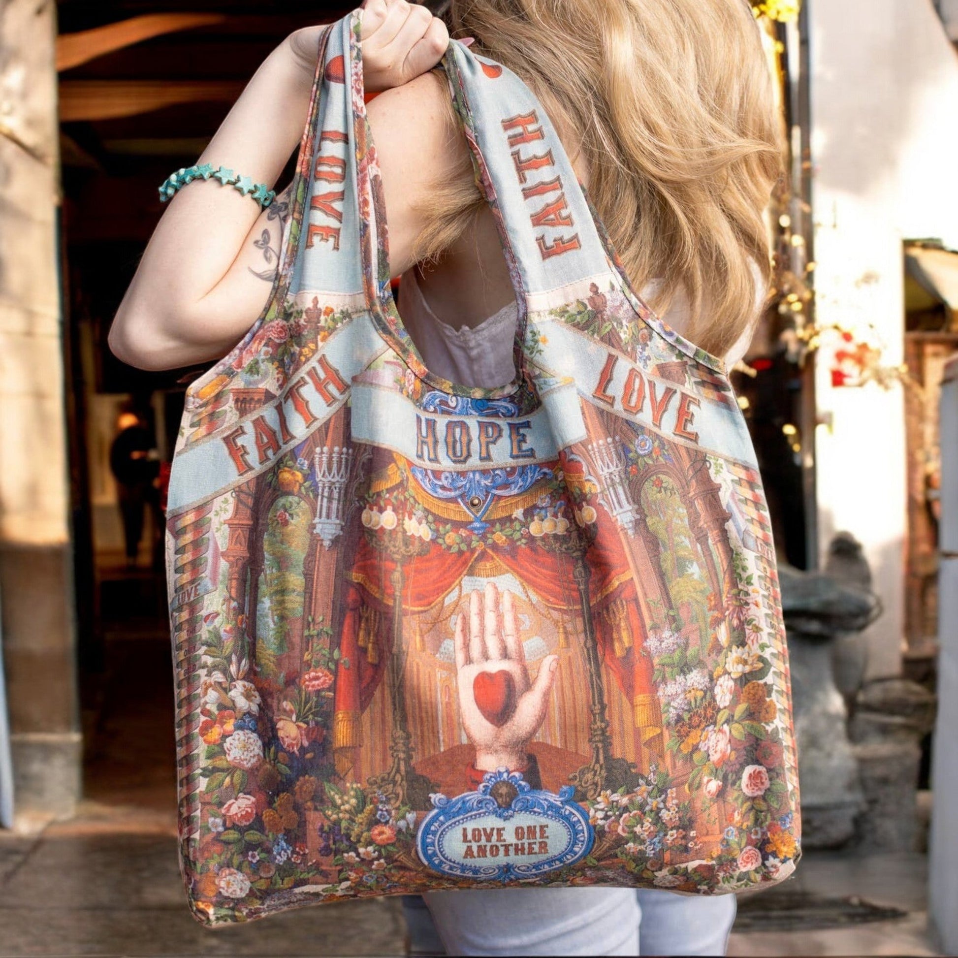 Love Language Heart and Floral Print Linen Foldable Tote Bag - Wander Together Outfitters