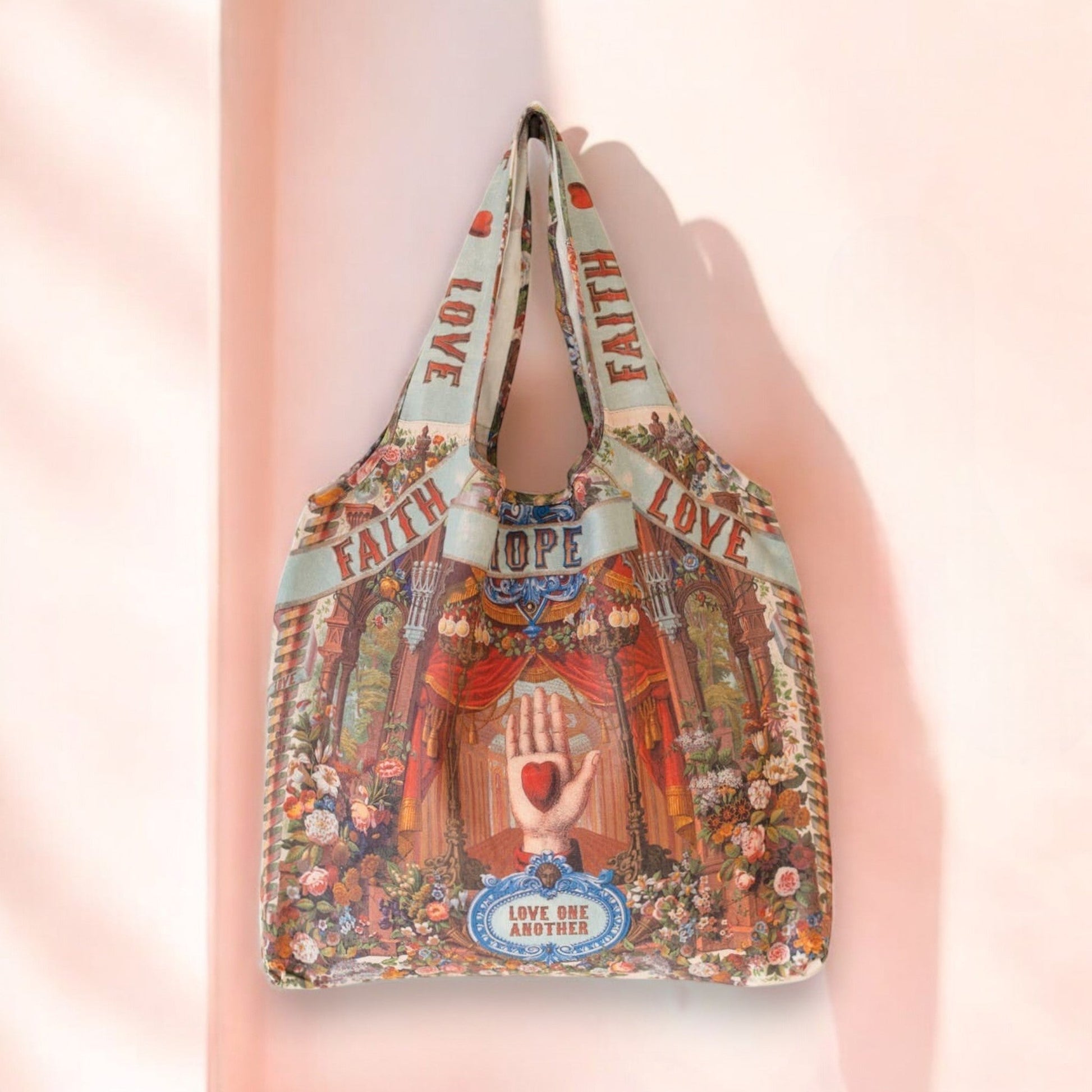 Love Language Heart and Floral Print Linen Foldable Tote Bag - Wander Together Outfitters