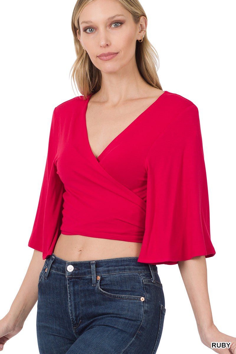 Luxe Rayon Tie Front Cropped Top: Black, Ash Gray, Ruby, Pink (Last Chance) - Wander Together Outfitters