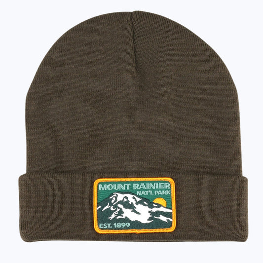Mount Rainier Nat Park Patch Recycled Beanie - Olive - Wander Together Outfitters