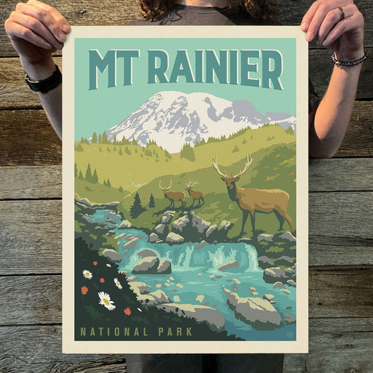 Mount Rainier National Park: Grazing Elk (63 National Parks) Art Print - Wander Together Outfitters