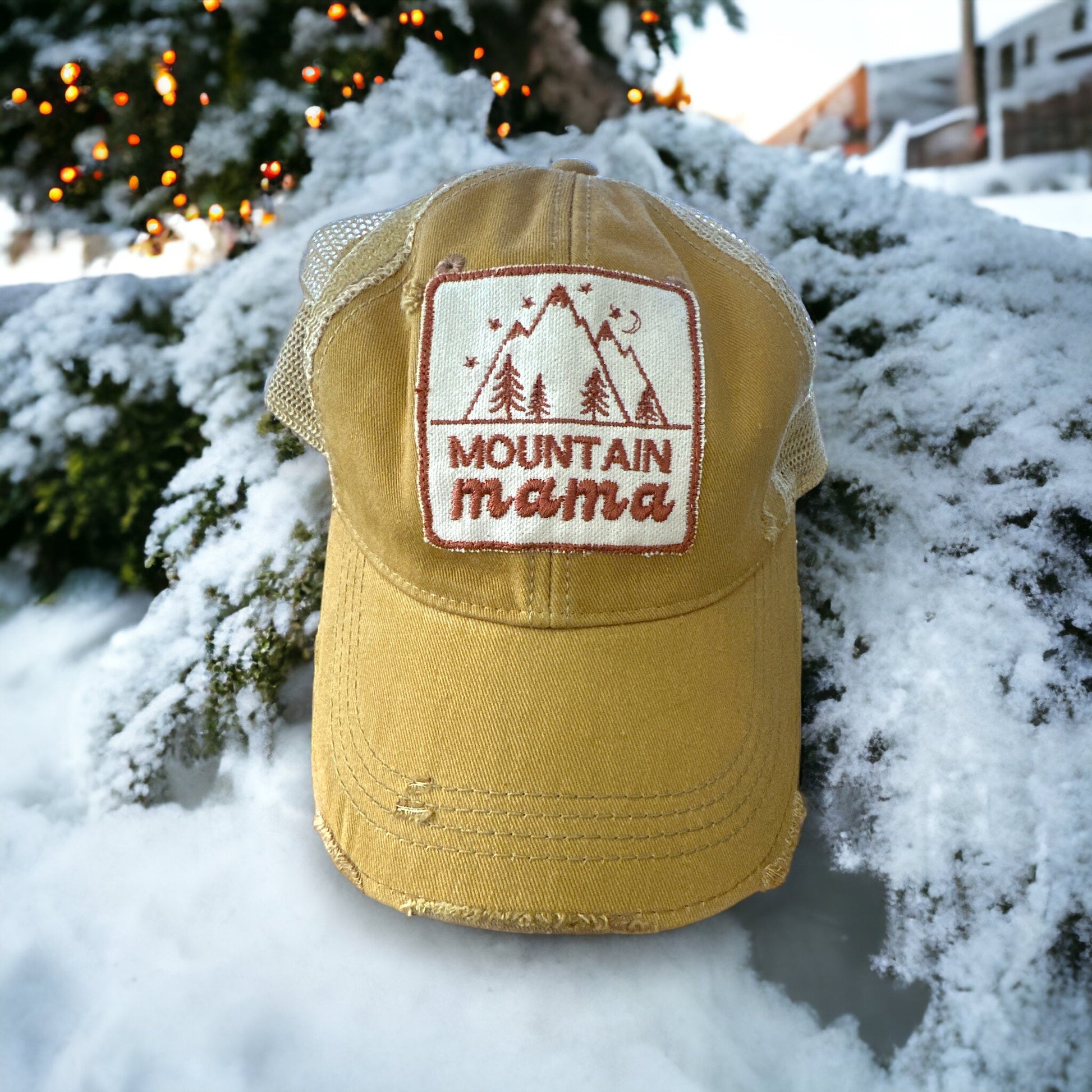 "Mountain Mama" Embroidered Patch Distressed Cap (CLEARANCE) - Wander Together Outfitters