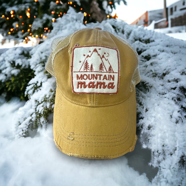 "Mountain Mama" Embroidered Patch Distressed Cap