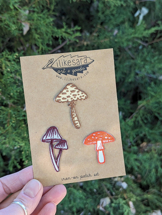 Mushroom 3 - pack Collection Iron On Patches (Brown, Red, Purple) - Wander Together Outfitters