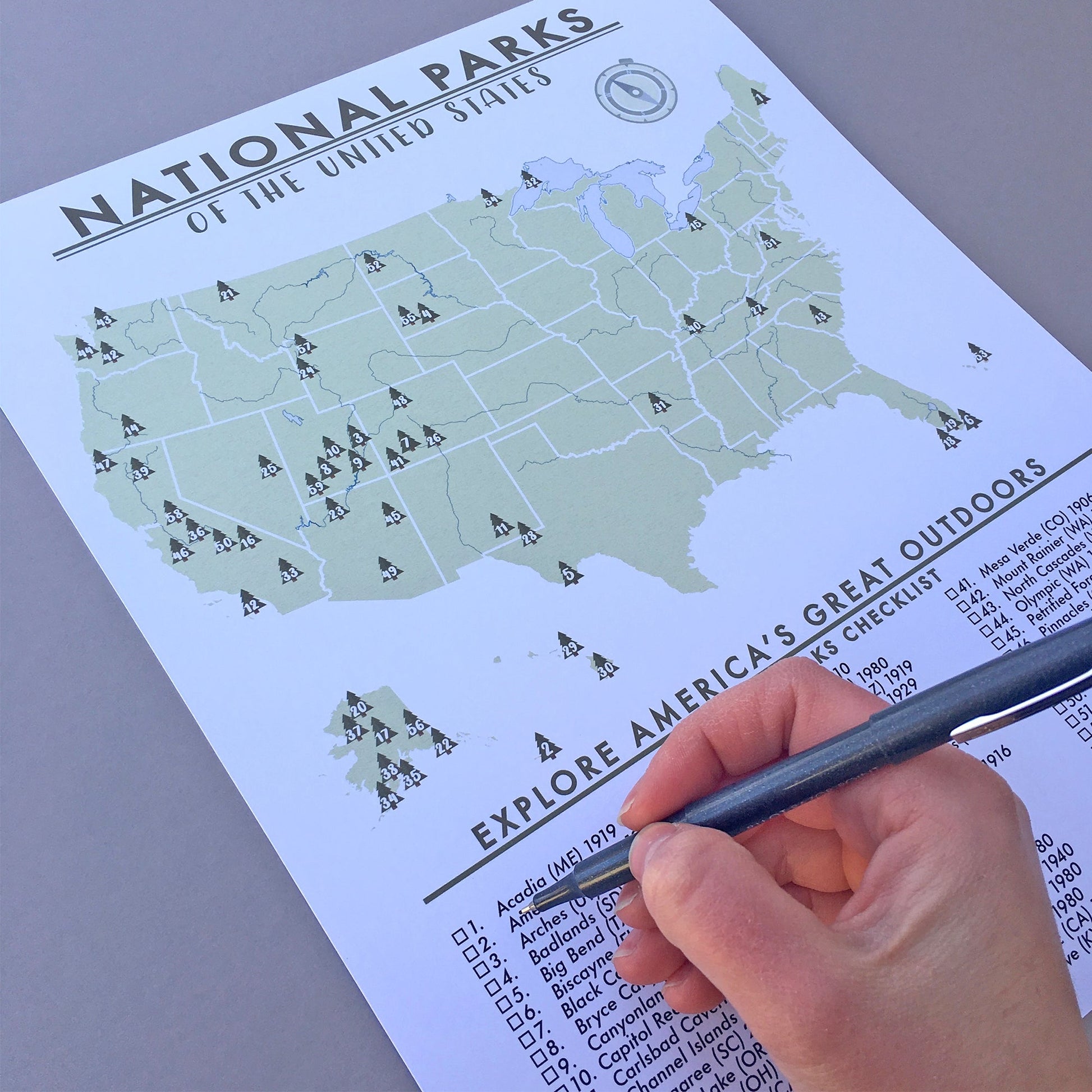 National Parks Map Checklist Poster (63 Parks) Unframed - Wander Together Outfitters