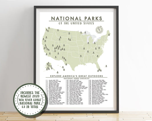 National Parks Map Checklist Poster (63 Parks) Unframed - Wander Together Outfitters