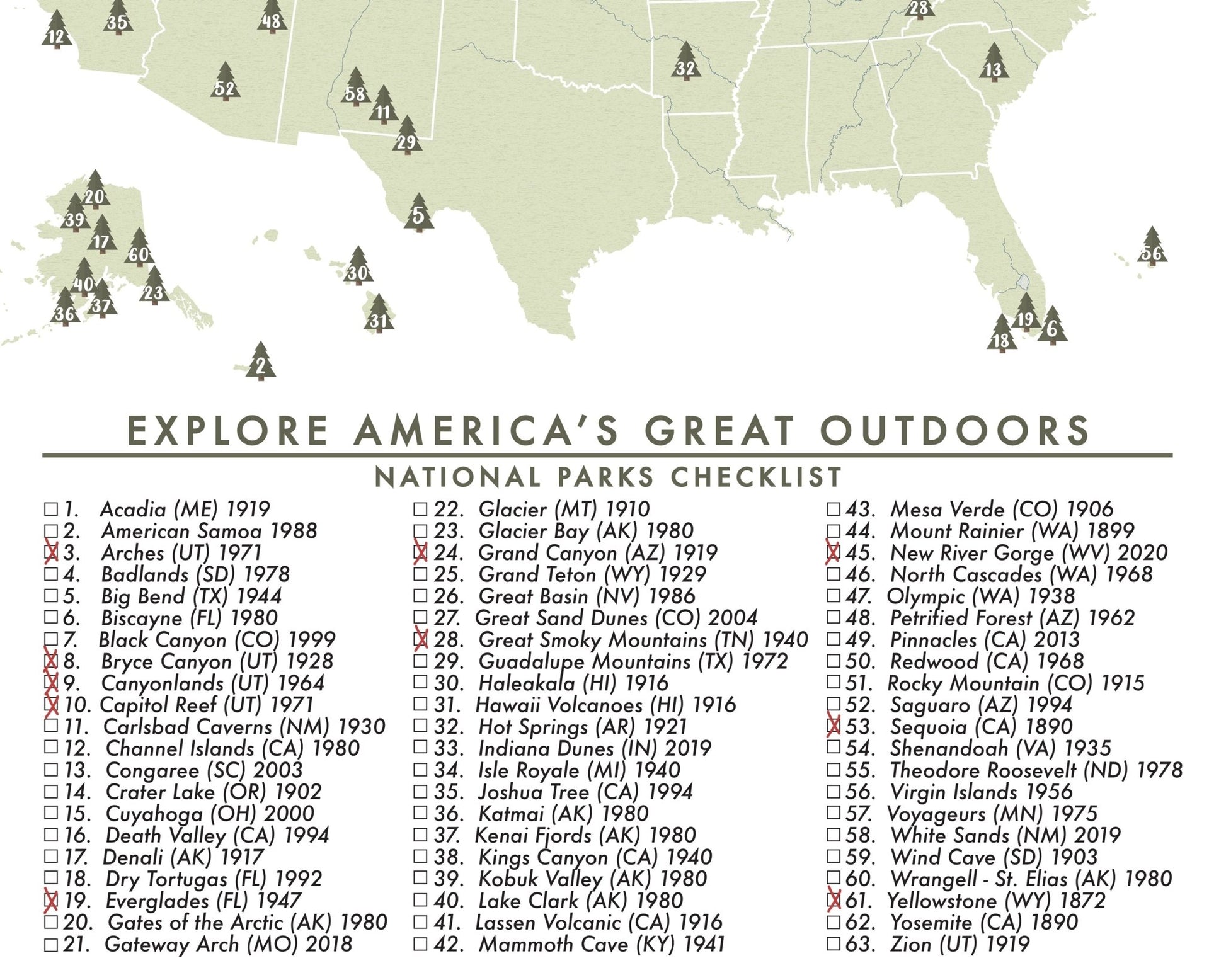 National Parks Map Checklist Poster (63 Parks) Unframed - Wander Together Outfitters