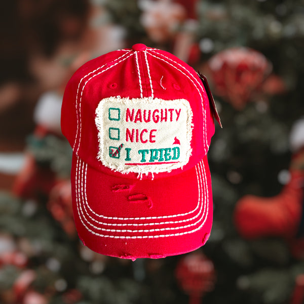 “Naughty, Nice” Embroidered Patch Unisex Distressed Cap