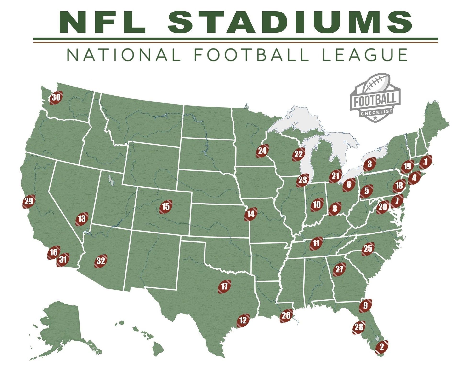 NFL Stadium Checklist Poster (National Football League) Unframed - Wander Together Outfitters