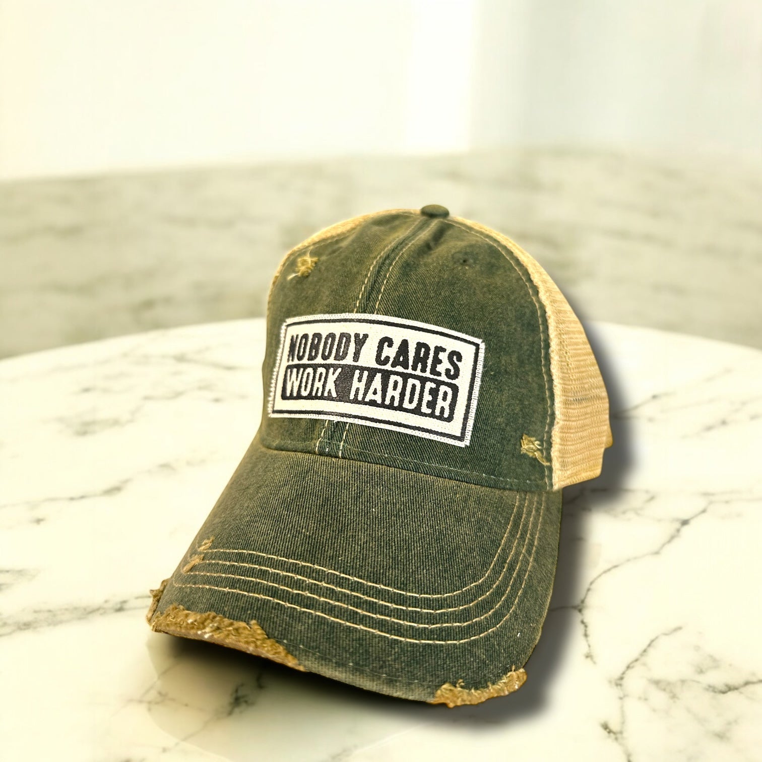 "Nobody Cares Work Harder" Distressed Trucker Cap - Wander Together Outfitters