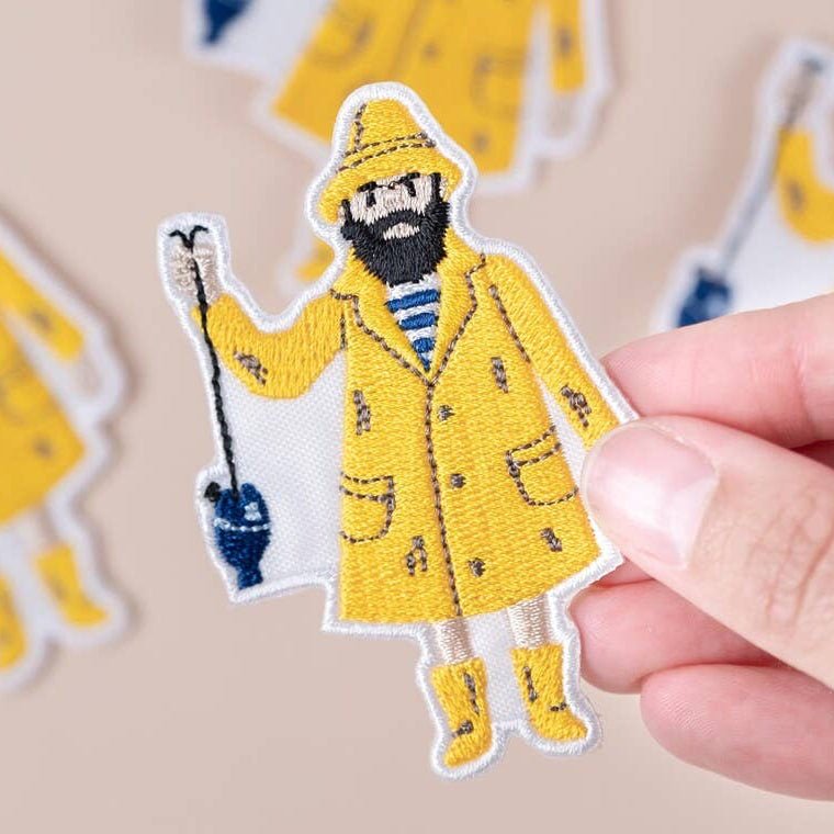 Old Salty Fisherman with Yellow Raincoat Embroidered Iron On Patch - Wander Together Outfitters