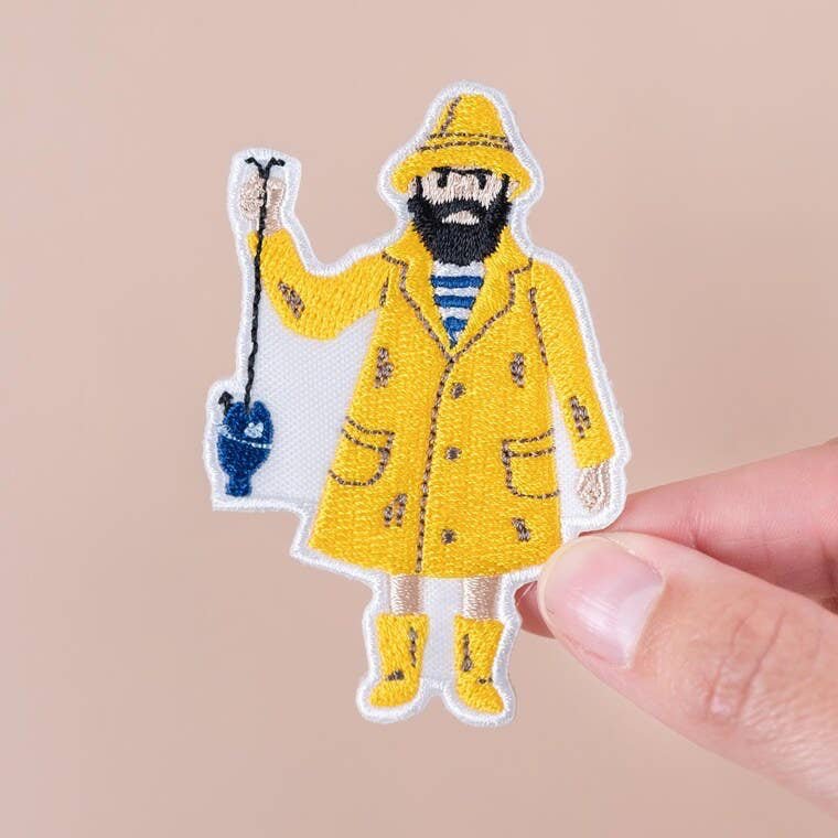 Old Salty Fisherman with Yellow Raincoat Embroidered Iron On Patch - Wander Together Outfitters